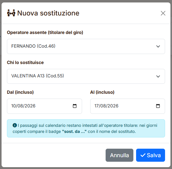 nuova_sostituzione_finestra Finestra Nuova sostituzione con titolare, sostituto e periodo