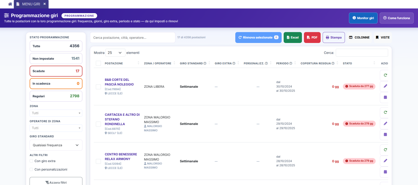programmazione_giri_pagina Pagina Programmazione giri con filtri di stato, elenco postazioni e azioni di rinnovo
