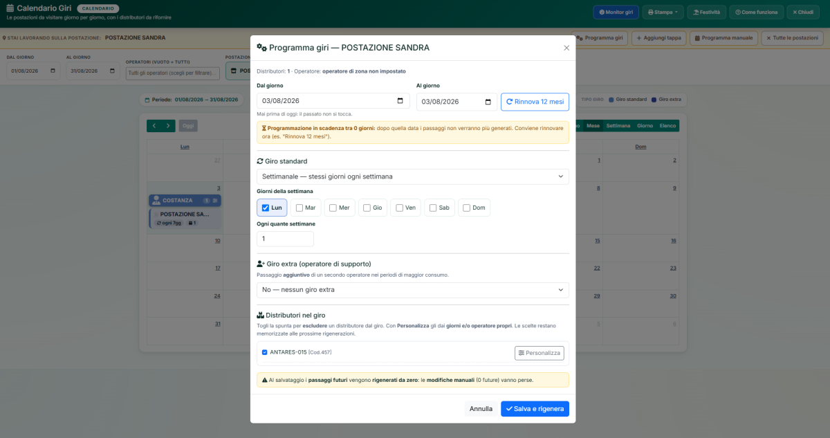 riprogramma_passaggi Finestra Programma giri con periodo, giro standard, giro extra e distributori
