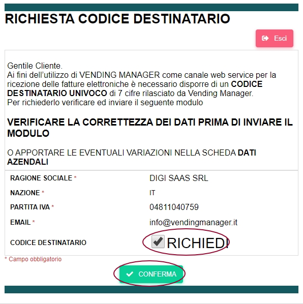 richiesta_003 Richiesta codice destinatario/codice SDI