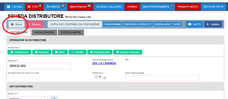 Registrazione sistemi master – AREA SUPPORTO VENDING MANAGER