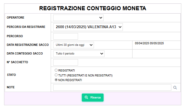 moneta Selezione del percorso da conteggiare nella sezione Acquisizione Conteggio Moneta
