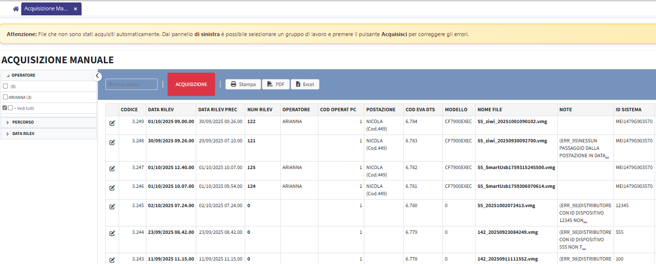 Acquisizione manuale dei file evadts con errori