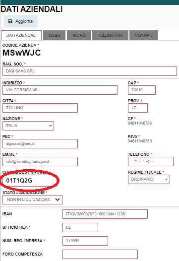 Registrazione proprio CODICE DESTINATARIO/CODICE SDI in Vending Manager