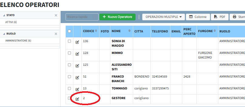 codiceoperatore Configurazione contamonete