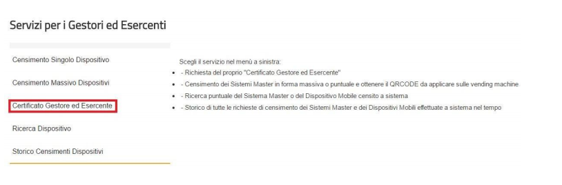 certificato Creazione certificato gestore