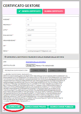 scaricacsr Creazione certificato gestore