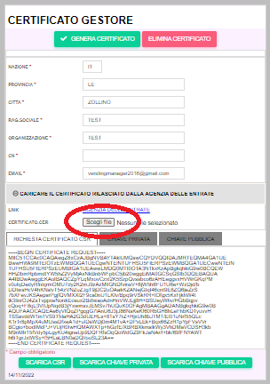 sceglifile Creazione certificato gestore