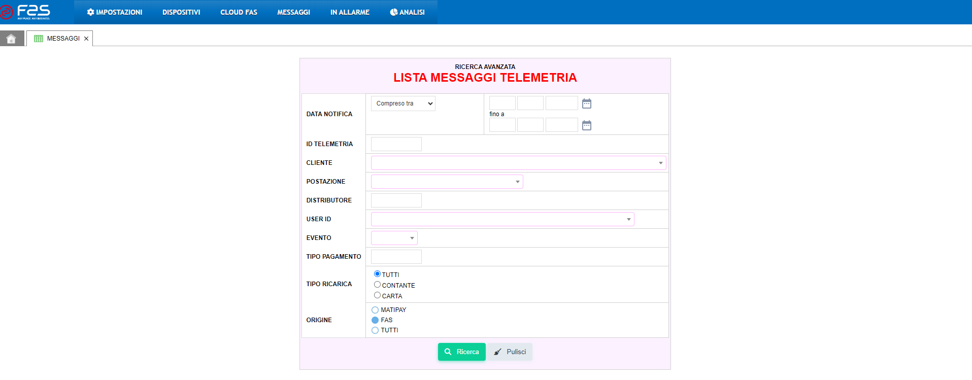 lista_messaggi_fas Messaggi Telemetria FAS