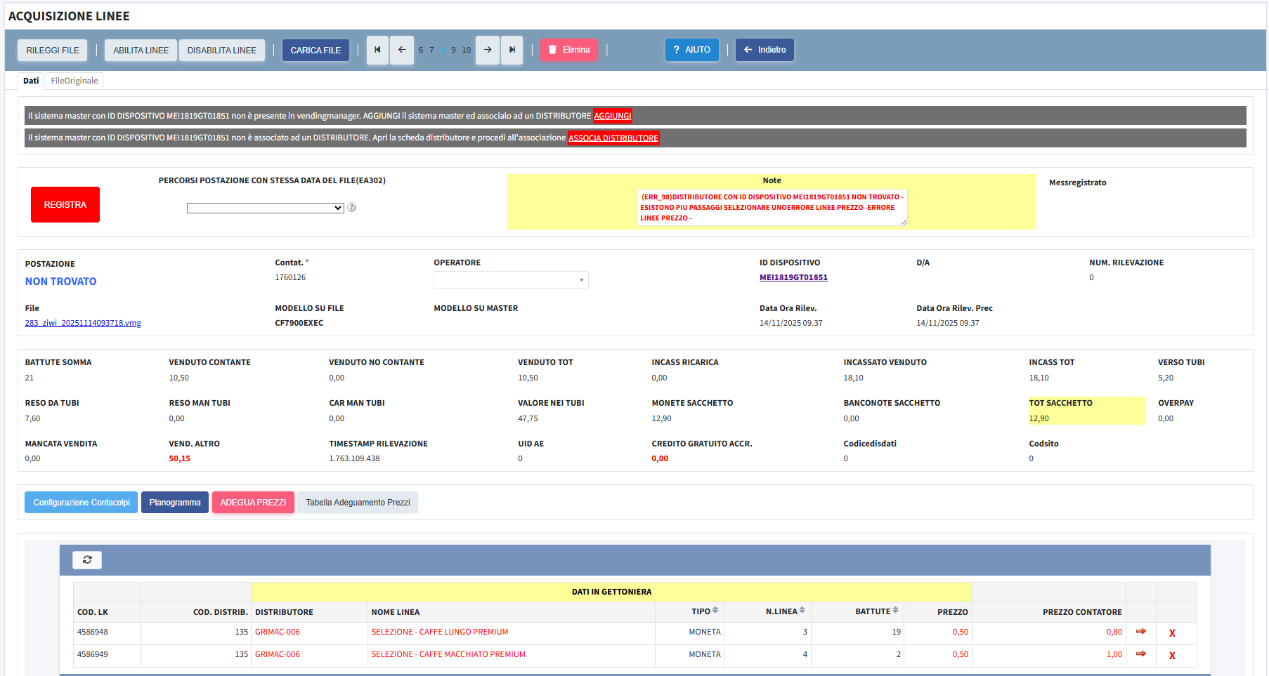 errore_id Gestione errore: distributore con ID dispositivo XXXXXXXXXXX non trovato