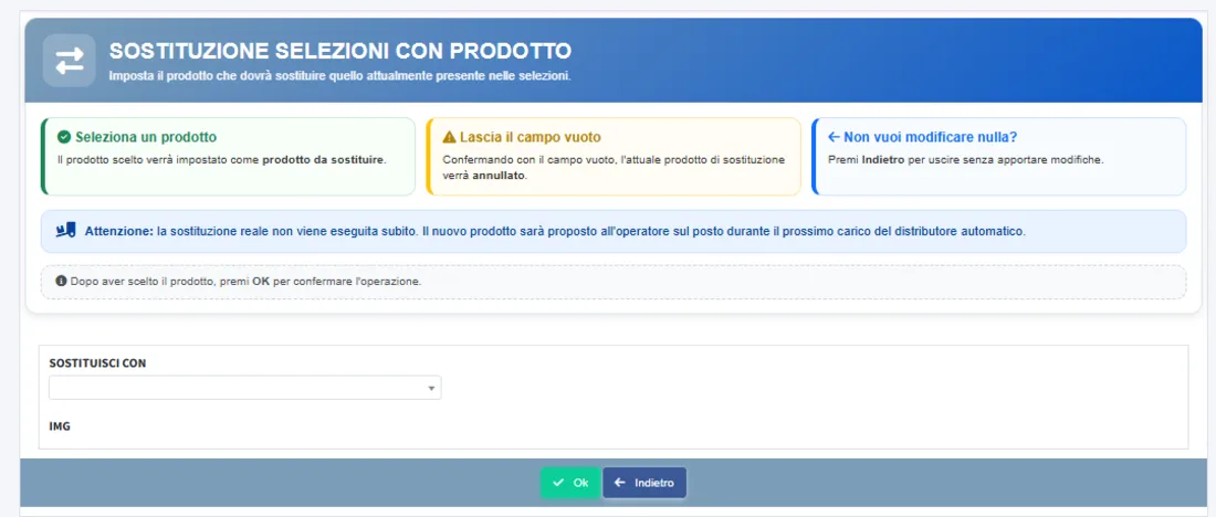 Sostituzione selezioni con prodotto: schermata di conferma in Vending Manager
